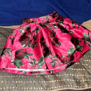 Pink Floral Satin Skater Skirt